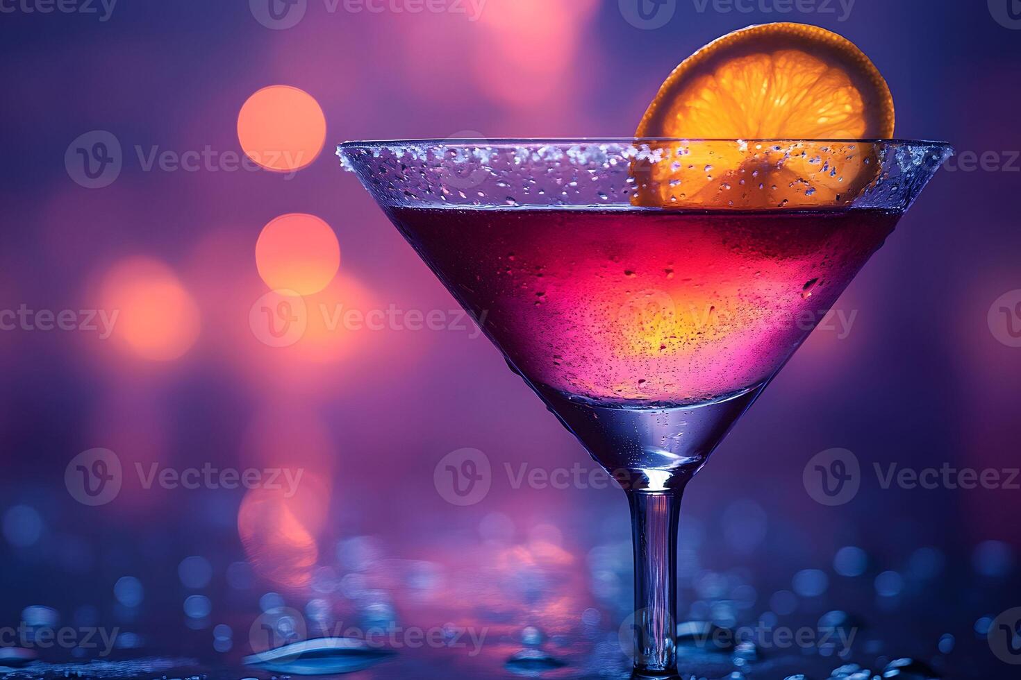 Vibrant Cocktail with Orange Slice Against Colorful Bokeh Background photo