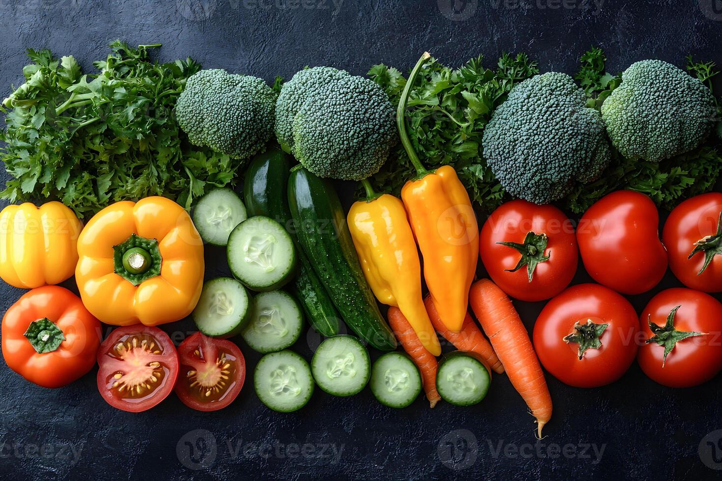 Fresh Vegetables Assortment Broccoli, Peppers, Tomatoes, Cucumbers, and Carrots on Dark Background photo