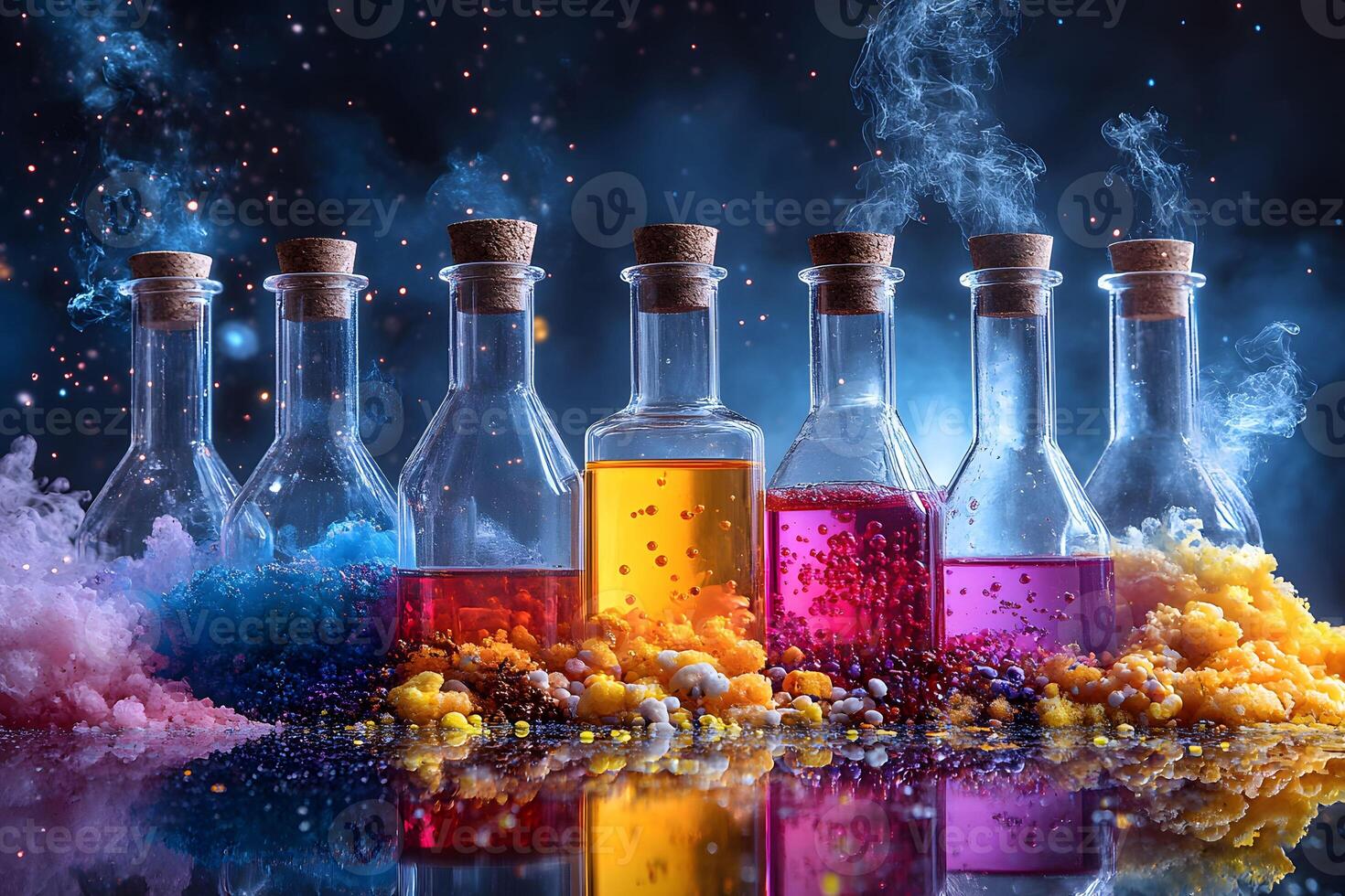 Vibrant Chemistry Experiment with Colorful Steam and Multicolored Smoke in Glass Bottles photo
