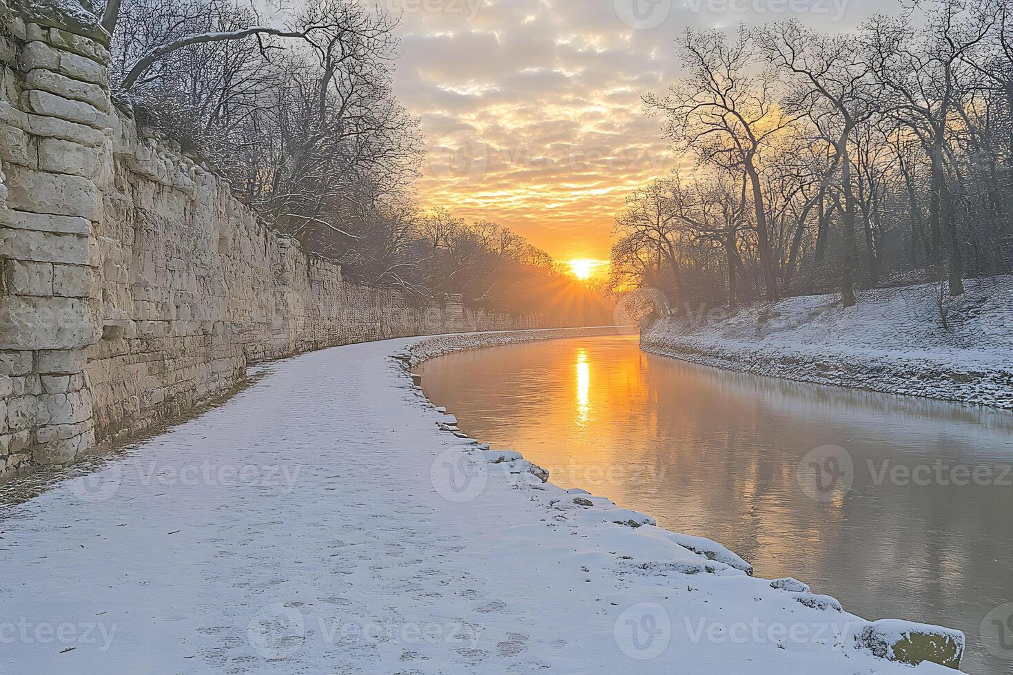 Winter Sunrise Reflection on a Snowy River Pathway for Nature Photography photo