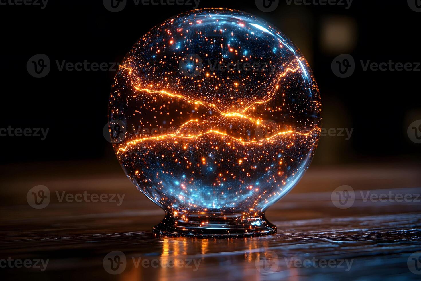 Futuristic Crystal Ball with Glowing Orange Streaks on Wooden Surface for Abstract Design photo