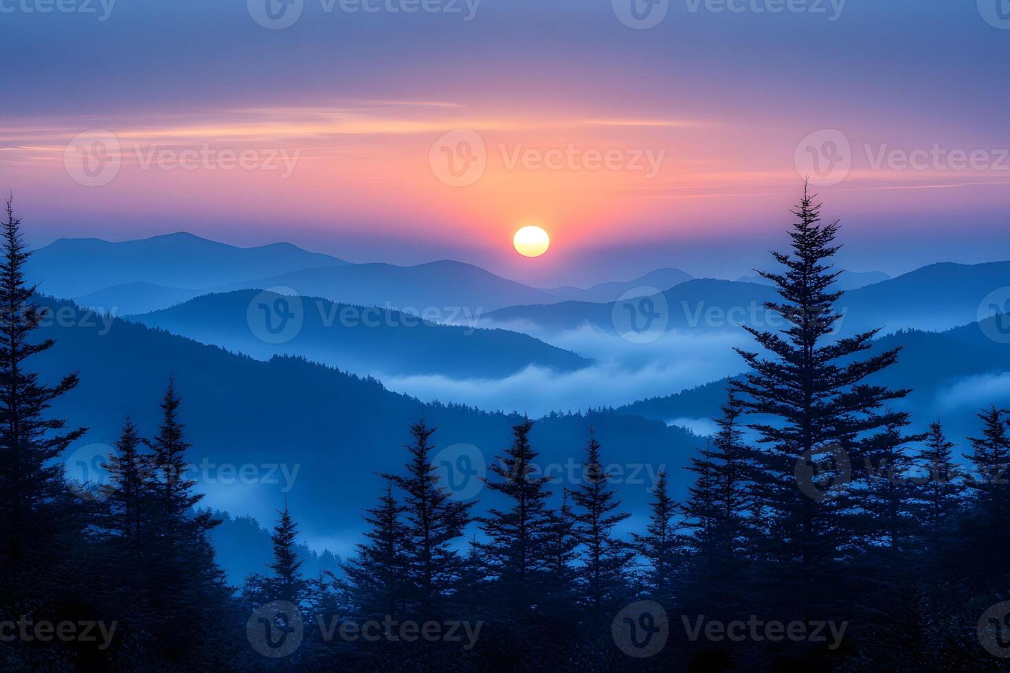 Tranquil Sunrise Over Majestic Misty Mountains and Pine Forests for Nature Photography photo