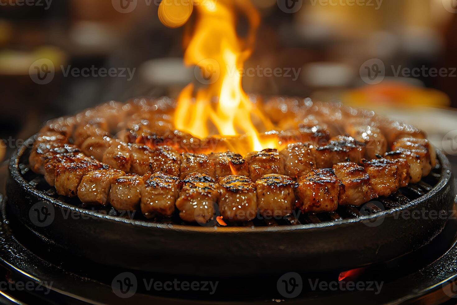 Grilled BBQ Delicacy Spicy Meat Skewers on Flaming Charcoal Grill for Culinary Enthusiasts photo
