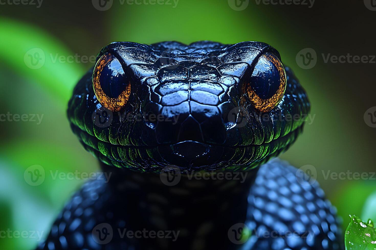 Close-Up of Black Viper Snake with Orange Eyes in Lush Greenery for Nature Conservation photo
