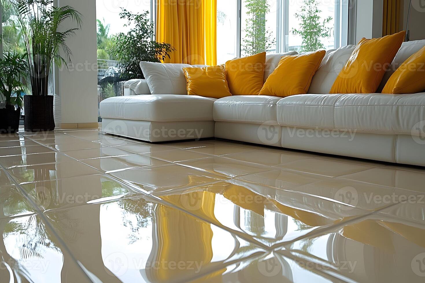 Modern Living Room Design with White Sofa and Yellow Accents for Interior Decor Inspiration photo