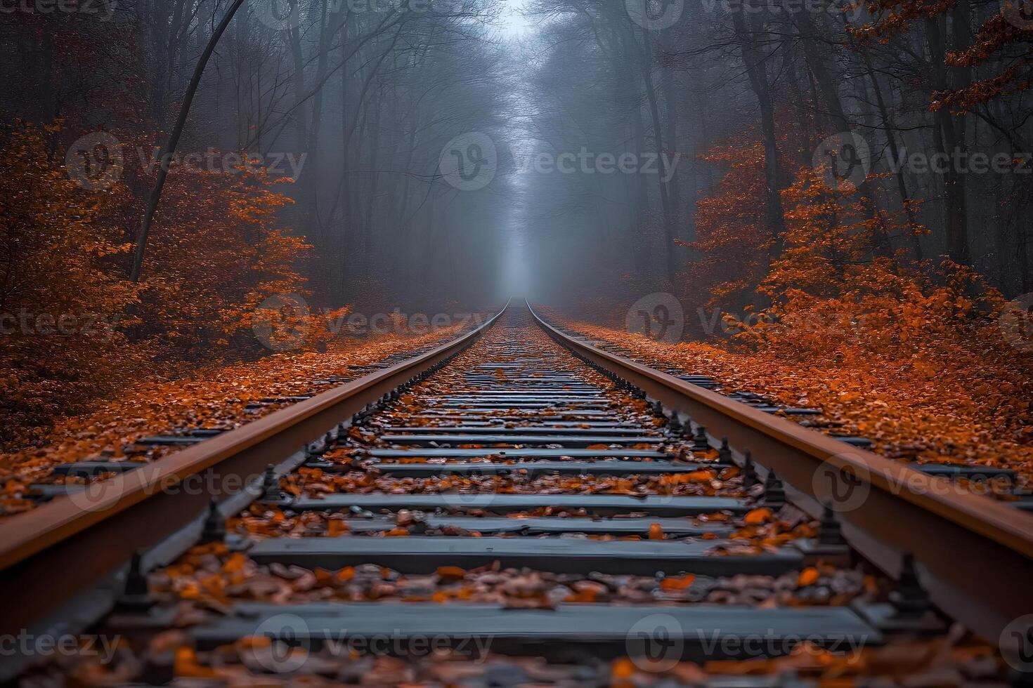 Autumn Railway Journey through Misty Forest - Travel and Adventure Concept photo