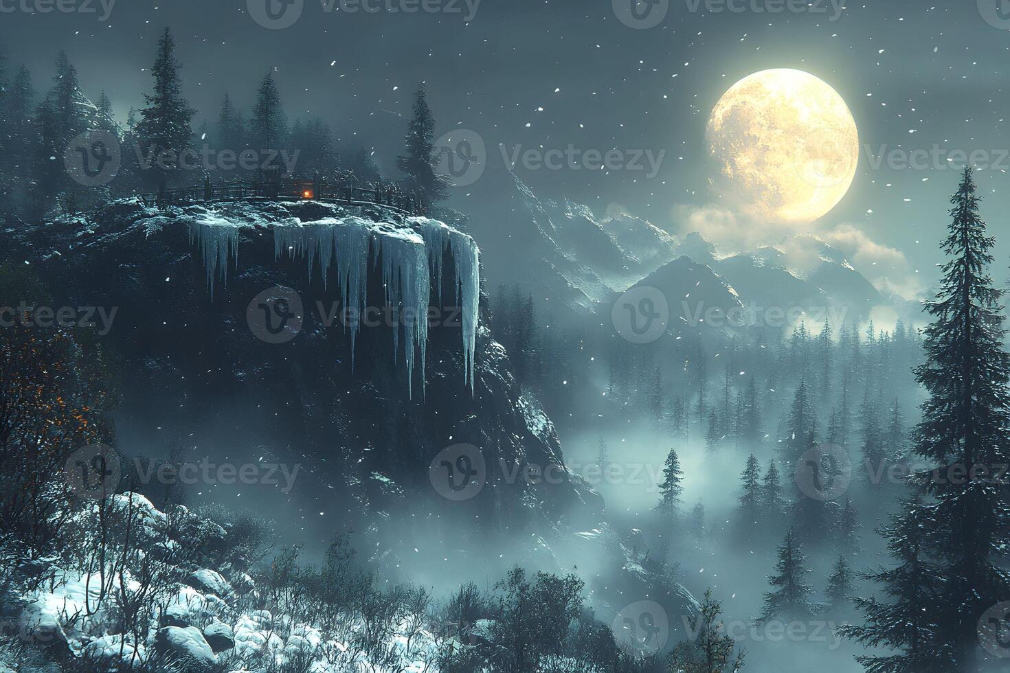 Mystical Moonlit Winter Night Landscape with Snowy Forest and Mountains photo