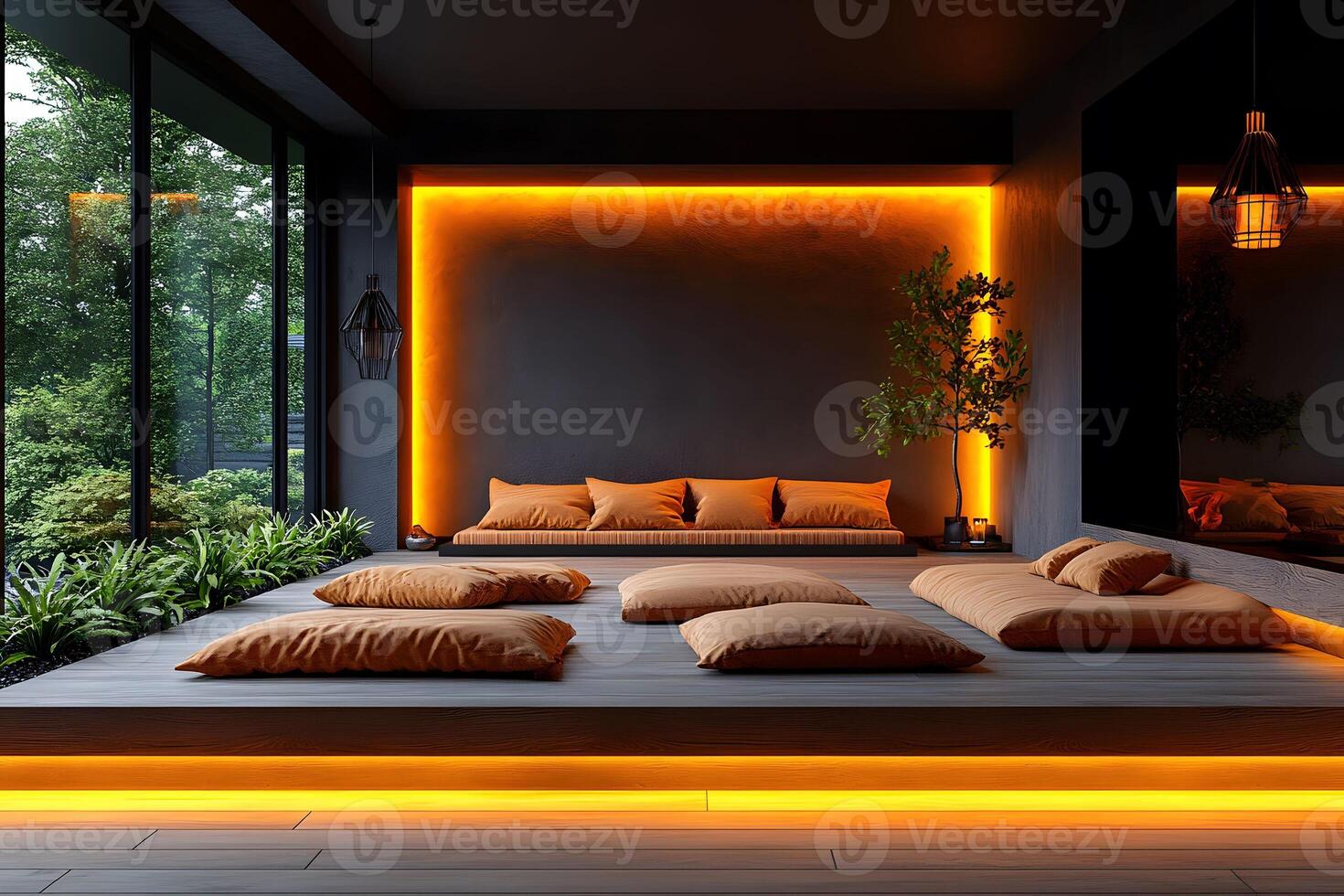 Modern Zen Bedroom with Ambient Lighting and Nature Views photo