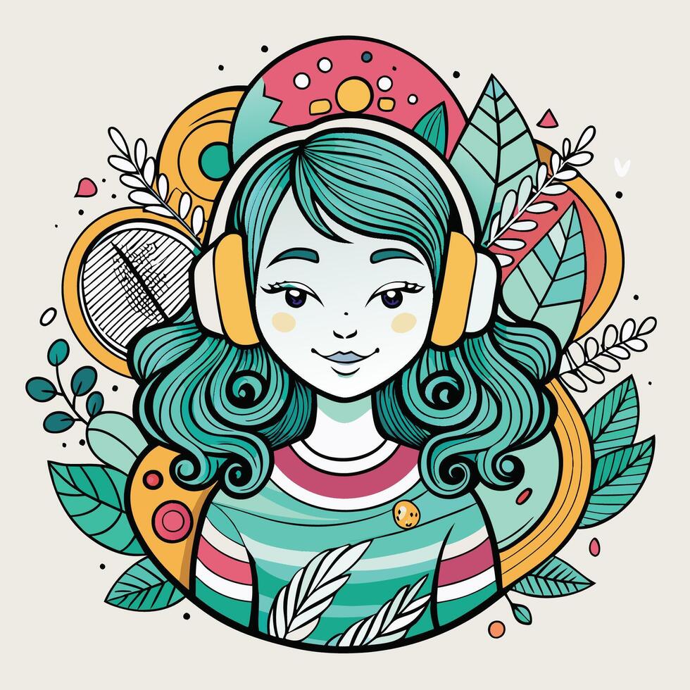 Zen Inspired Girl Lost in Groovy Tunes with Zendoodle Artwork vector
