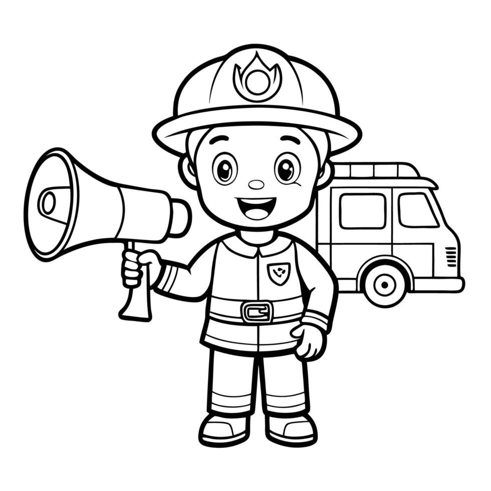 Firefighter Using Megaphone Directing Rescue Operations Near Fire Truck vector
