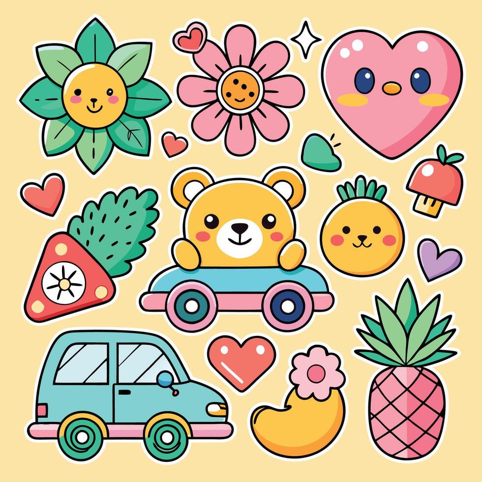 Enchanting Cartoon Stickers Adorned with Cars Hearts and Flowers vector