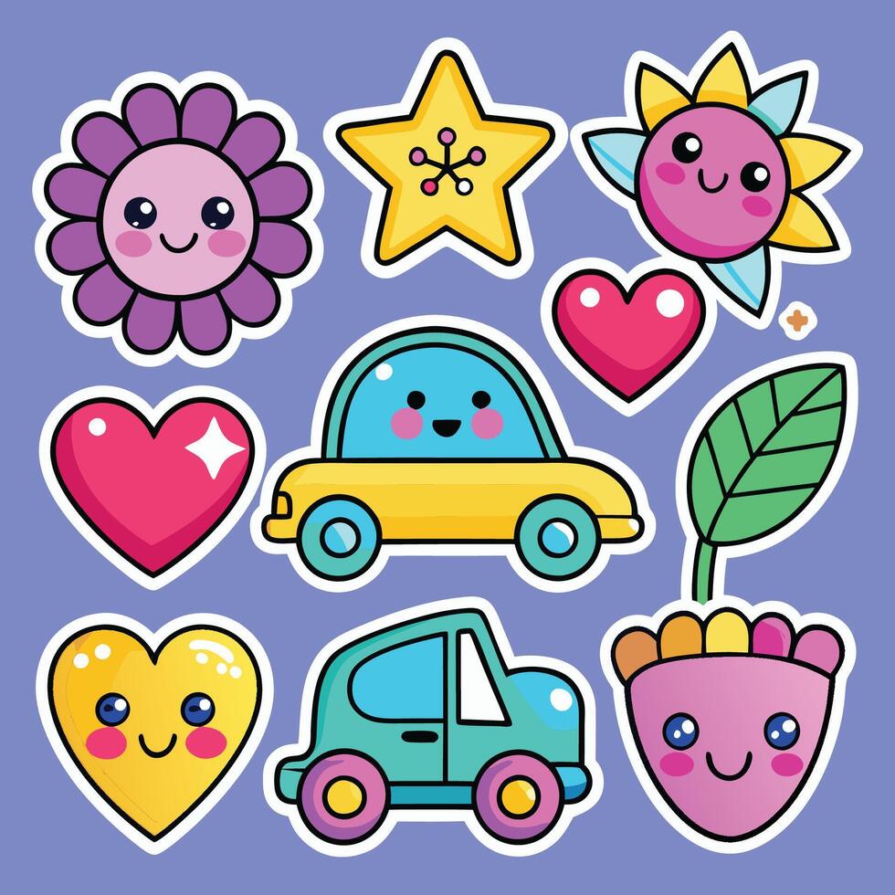 Adorable Cartoon Sticker Collection Featuring Hearts Flowers and Vehicles vector