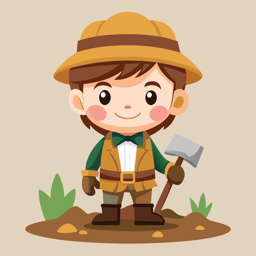 Adorable Cartoon Depiction of an Archaeologist Embarking on an Adventure vector