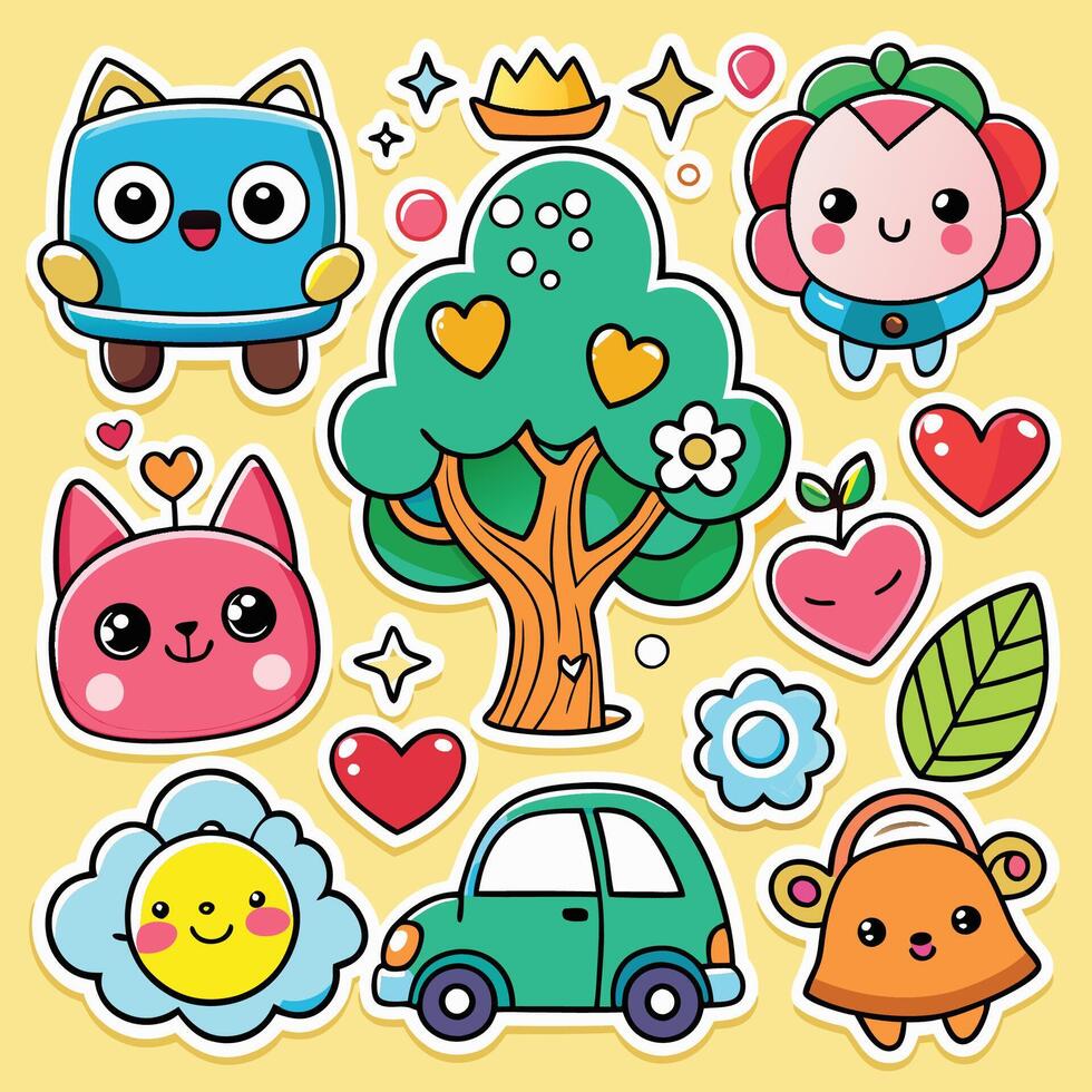 Adorable Cartoon Character Stickers in a Vibrant and Whimsical Set vector