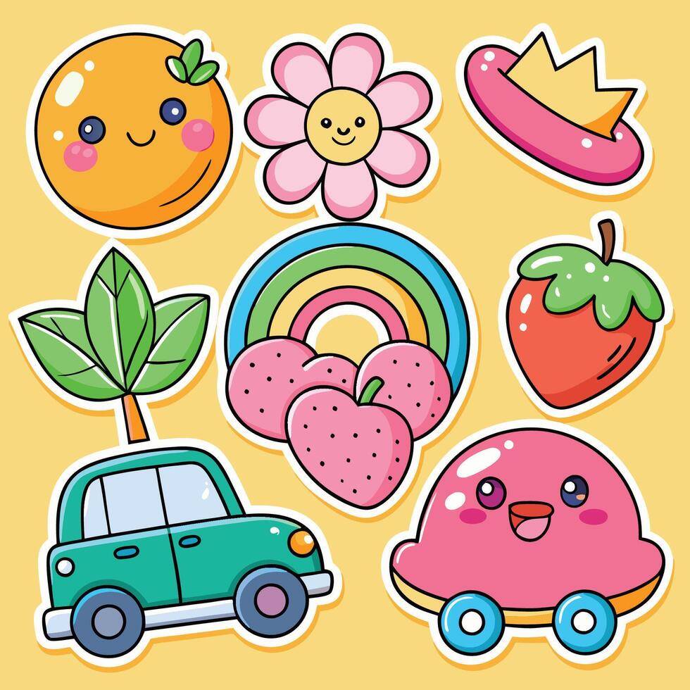 Vibrant Sticker Collection Featuring a Pink Car and a Cupcake vector