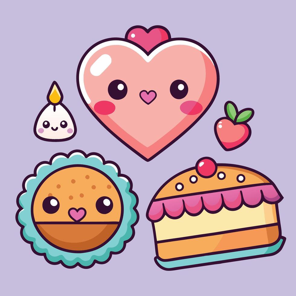 Set of Cute Kawaii Cartoon Cake Cookie Head Stickers vector