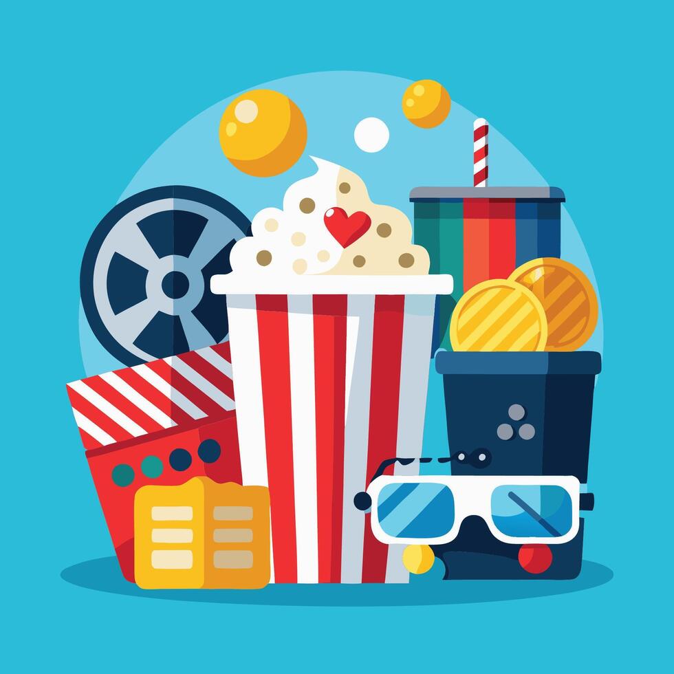 Party Fun Night with Popcorn and Movie Time Enjoyment vector