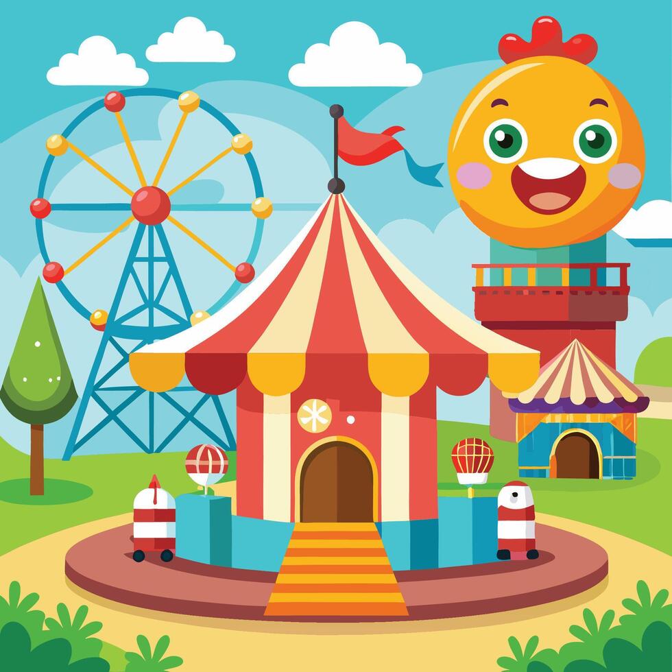 Adorable Cartoon Illustration of an Amusement Park with Rides vector