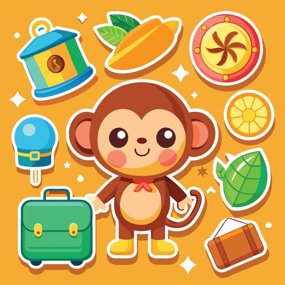 Adorable Monkey Stickers with Luggage for Travel and Adventure vector