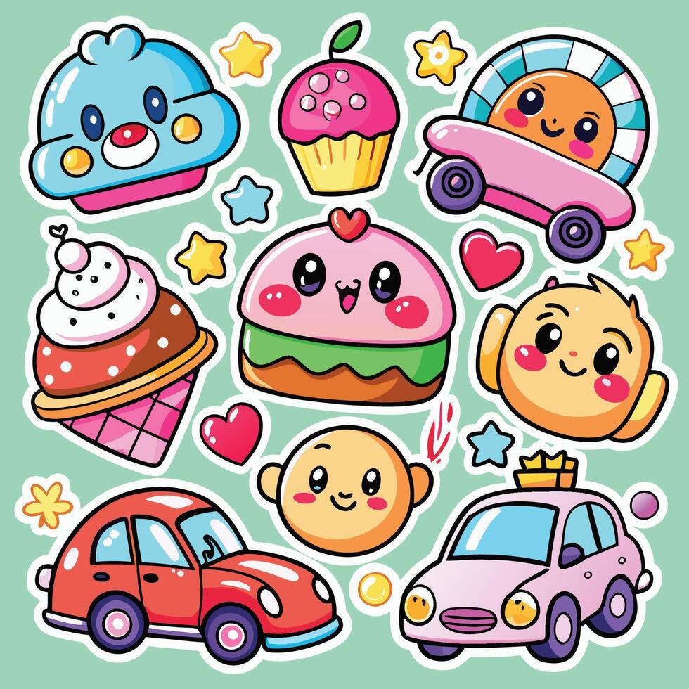 Adorable Kawaii Stickers Featuring Delectable Cupcakes and Cheerful Characters Adorning Adorable Cars vector