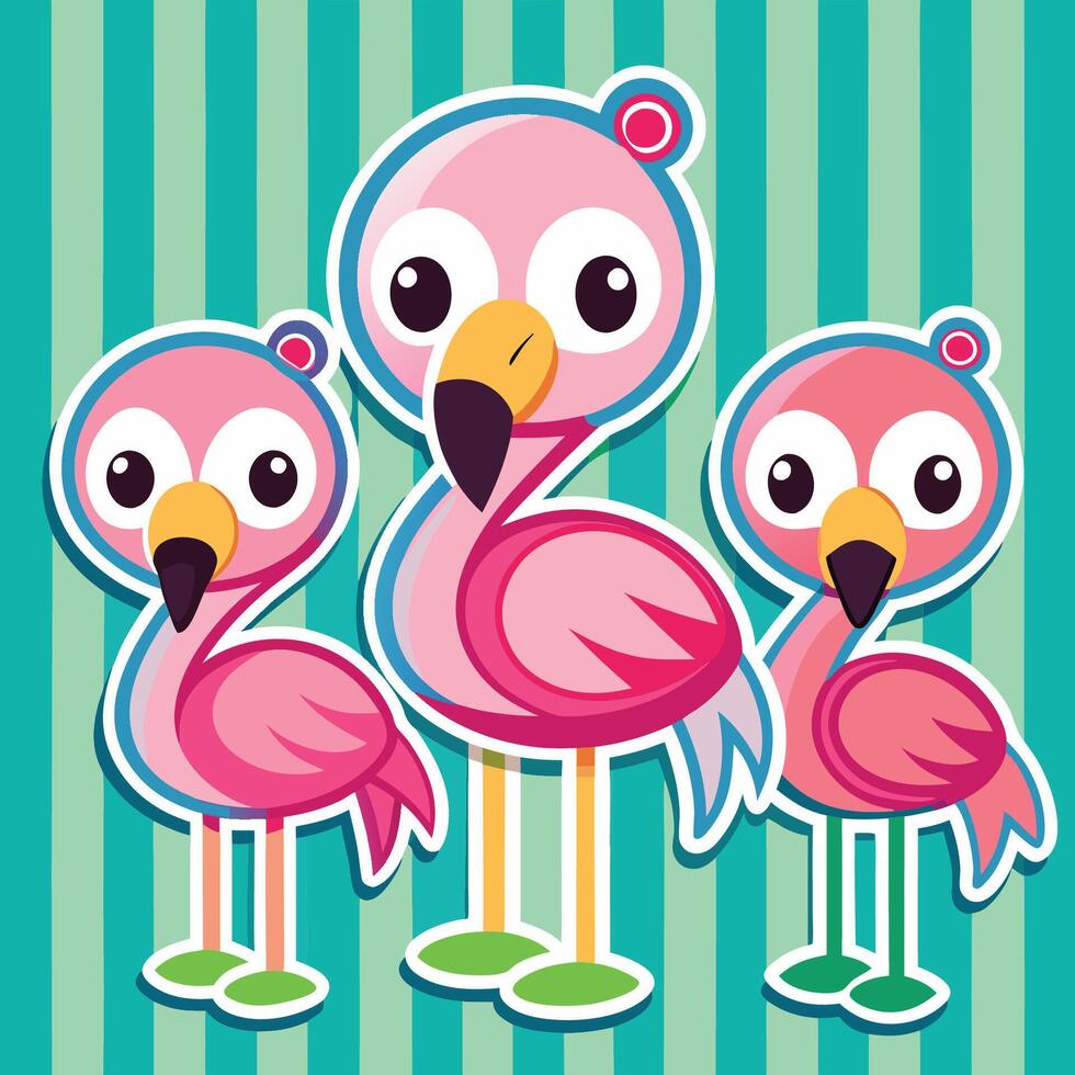 Delightful Trio of Cartoon Flamingos Embellished as Digital Stickers vector