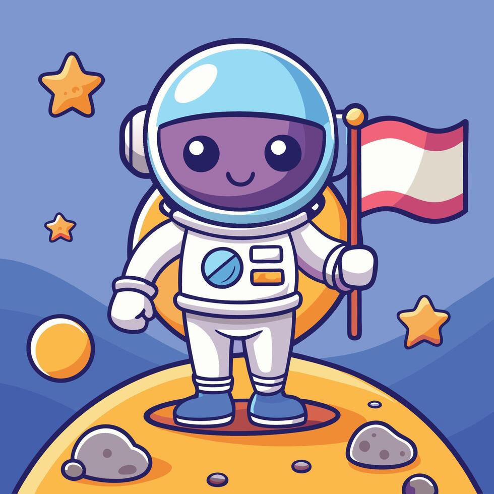 Adorable Astronaut Embracing Planet Flag on Lunar Surface Cartoon vector