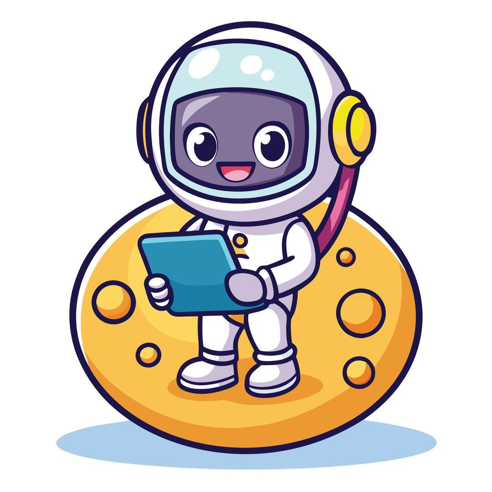 Adorable Astronaut with Tablet Explores the Lunar Landscape in Cartoon Style vector