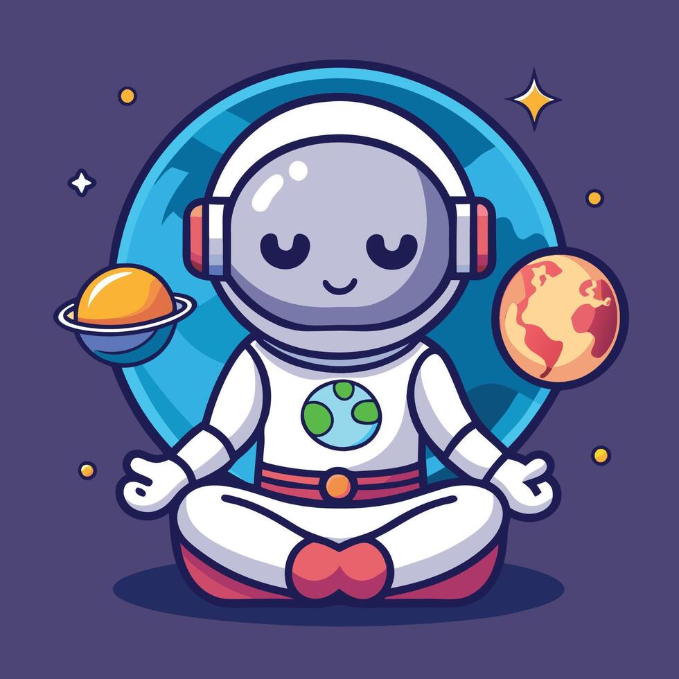 Serene Astronaut in Yoga Pose Amidst Cosmic Tapestry of Moon and Earth vector