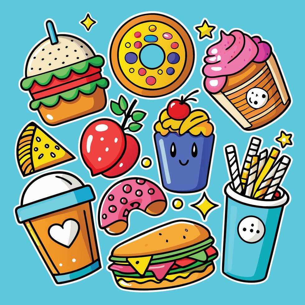 Vibrant Cartoon Sticker Set Featuring Delectable Fast Food Sweets and Treats vector