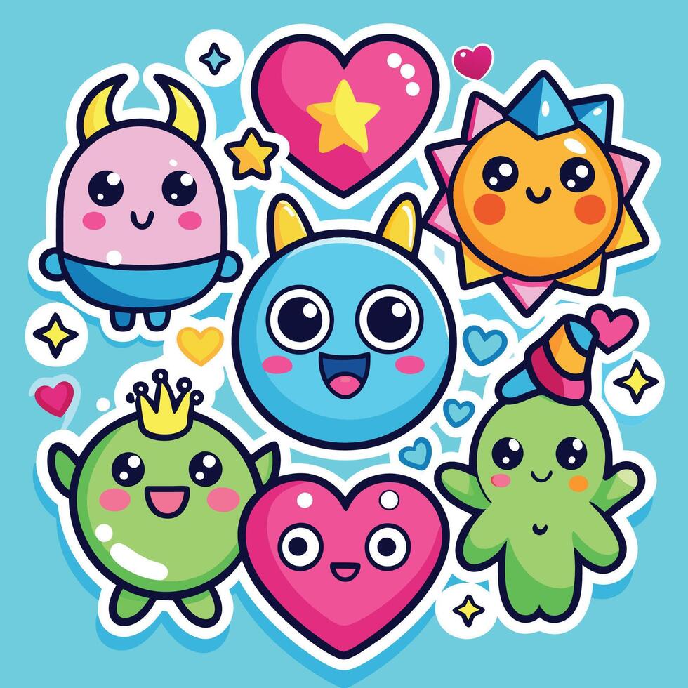 Adorable Cartoon Sticker Set of Cute Monsters Hearts and Stars vector