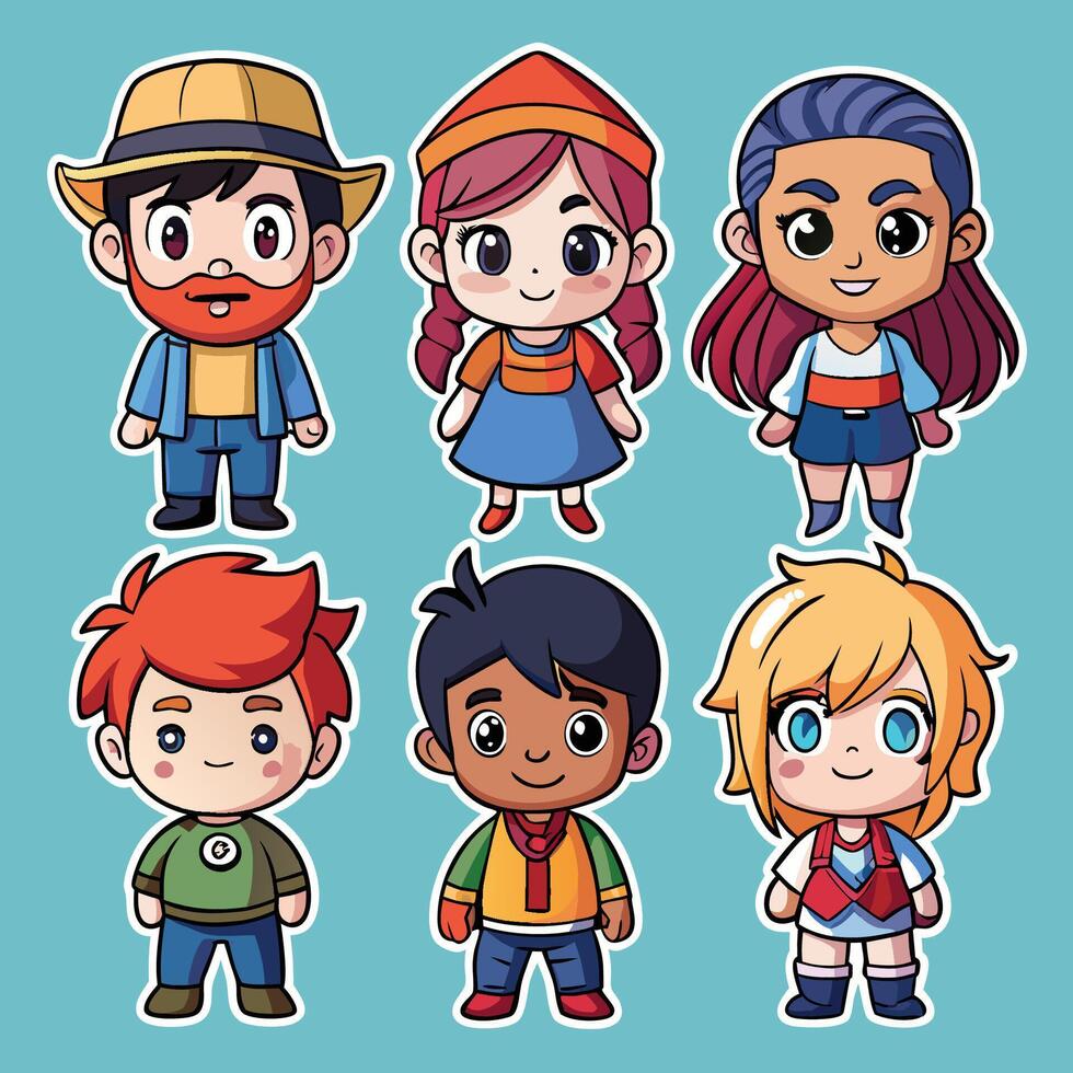 Adorable Cartoon Character Sticker Set Featuring Six Unique Designs vector