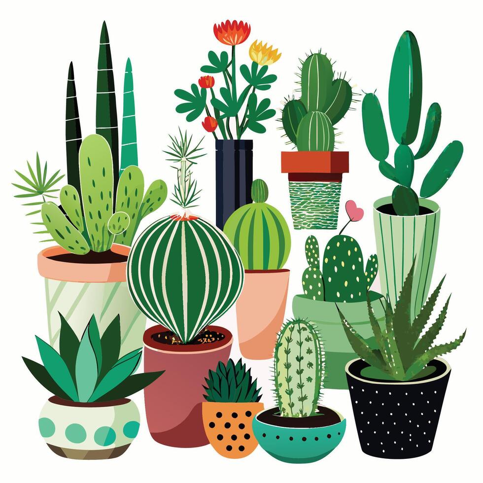 Intriguing Collection of Diverse Cacti and Succulents Displaying Vibrant Hues and Textures vector