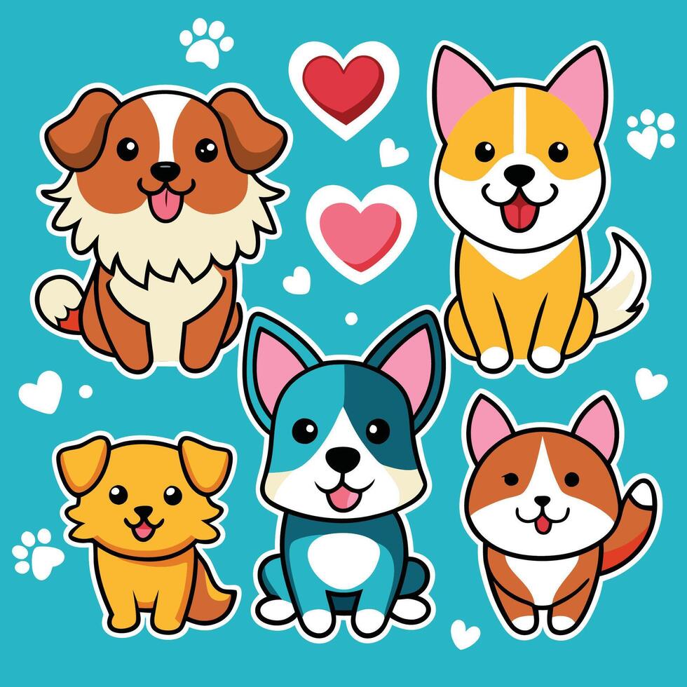 Animated Sticker Set of Adorable Canines with Heart and Star Adornments vector
