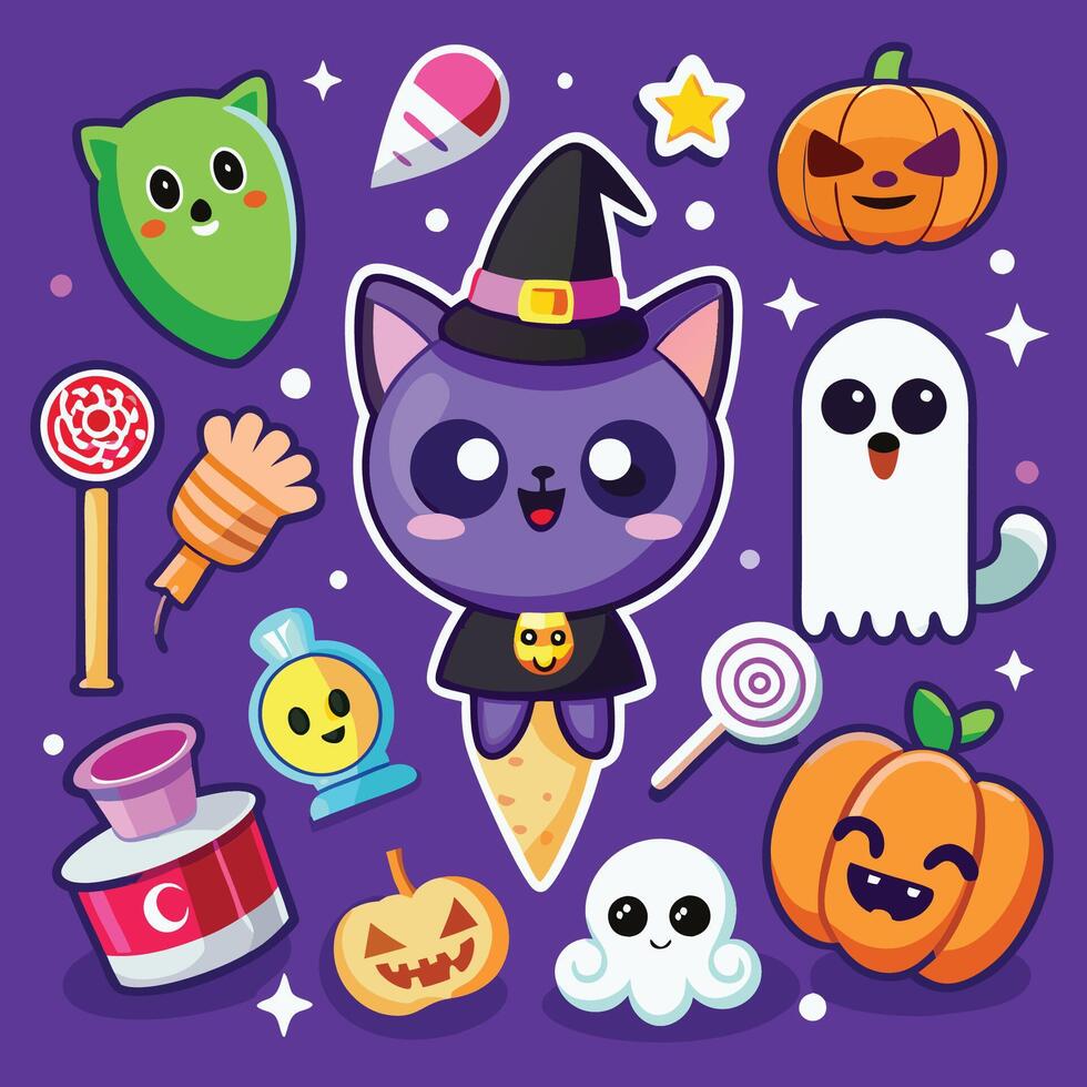 Adorable Digital Sticker Set Featuring Cute and Spooky Halloween Characters vector