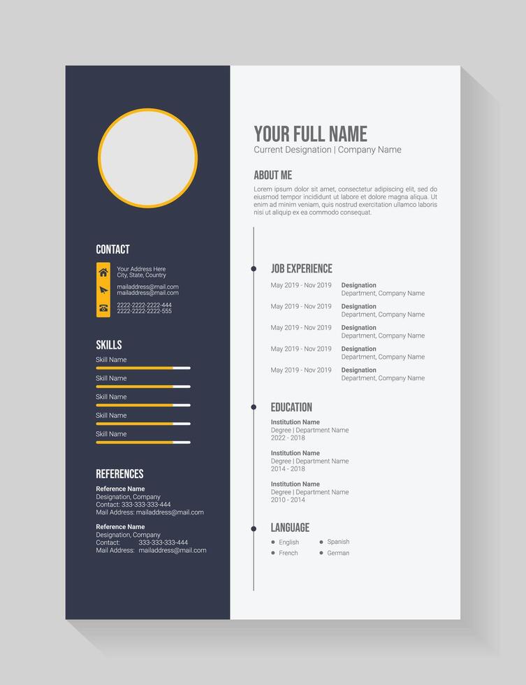 Clean and modern resume portfolio or cv template for candidates. Minimalist cv template fully editable. vector