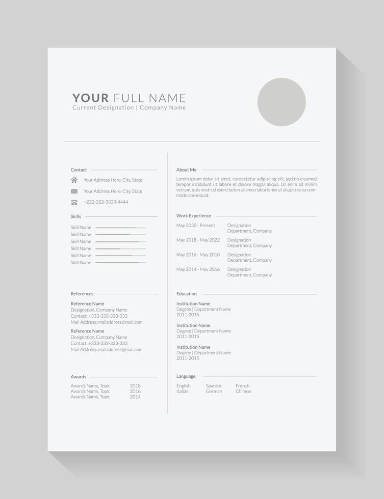 Clean and modern resume portfolio or cv template for candidates. Minimalist cv template fully editable. Professional resume letterhead, cover letter business layout for job applications. minimal vector