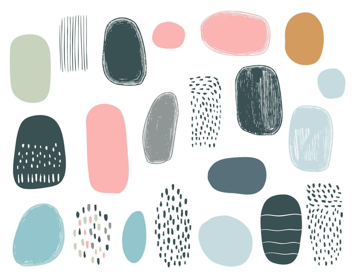Set of colorful abstract shapes, stains, dots, blobs. Hand drawn paint strokes, dirty style. Artistic texture. Grunge brush stroke. vector