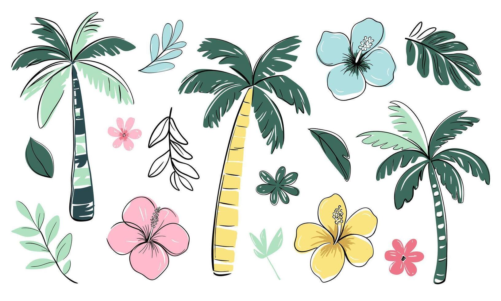 Summertime tropical doodles. Hand drawn summer set. Palm trees, tropical flowers and leaves. Exotic collection. vector