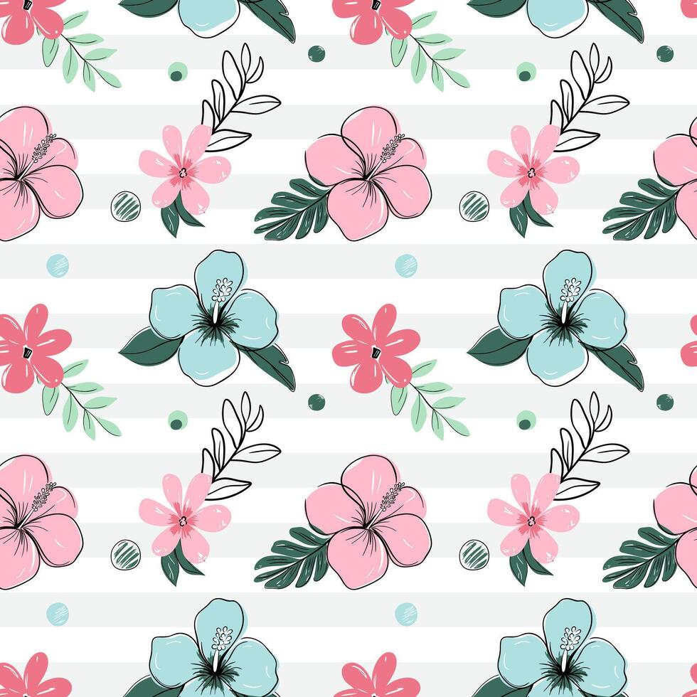 Seamless pattern with tropical flowers. Hibiscus, monstera backckground. Sketch, line art drawing style. vector