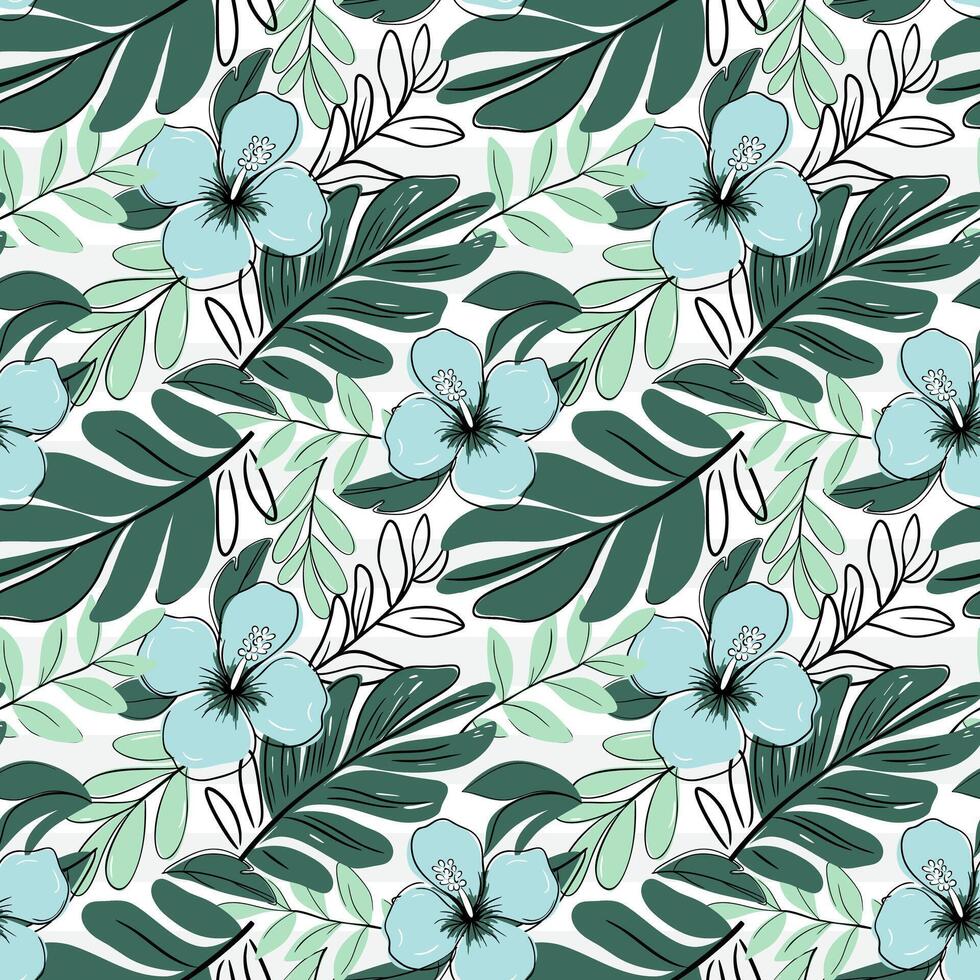 Seamless pattern with tropical leaves and blue hibiscus. Exotic flowers backckground. Sketch drawing style. vector