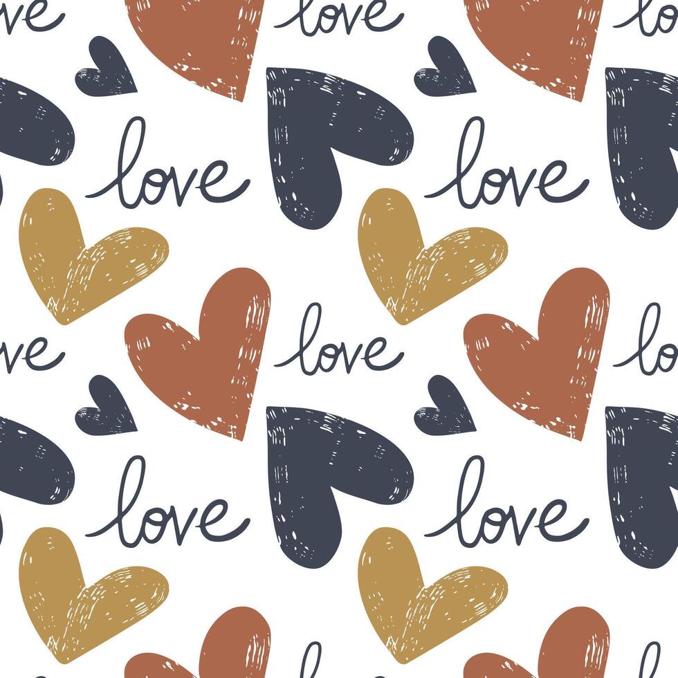 Seamless pattern with hand drawn hearts. Doodle background with cute hearts and the word love. Simple doodle shapes. vector