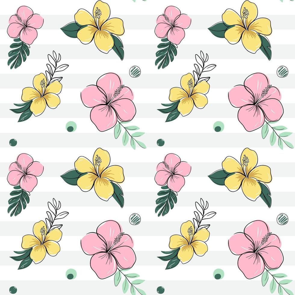 Seamless pattern with tropical flowers with black outline. Hibiscus backckground. Sketch, line art drawing style. vector