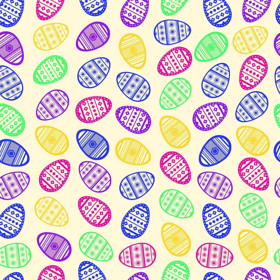 Bright colored easter eggs seamless pattern for Easter holidays on light yellow background. Ornamental eggs vector