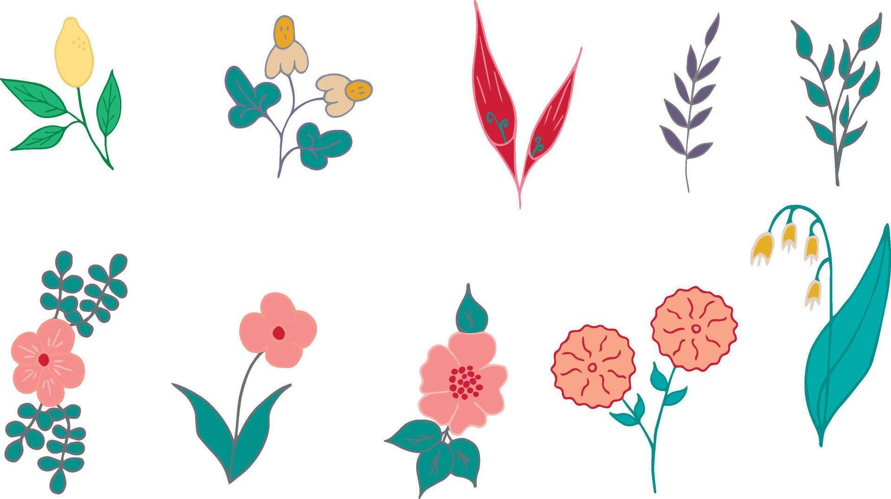 a set of flowers and leaves on a white background vector