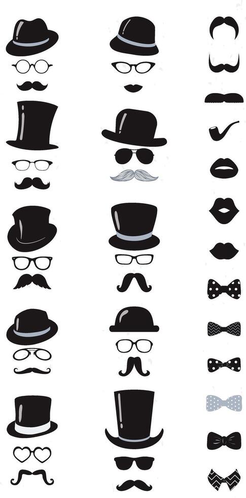 set of mustaches, hats, glasses and mustaches vector