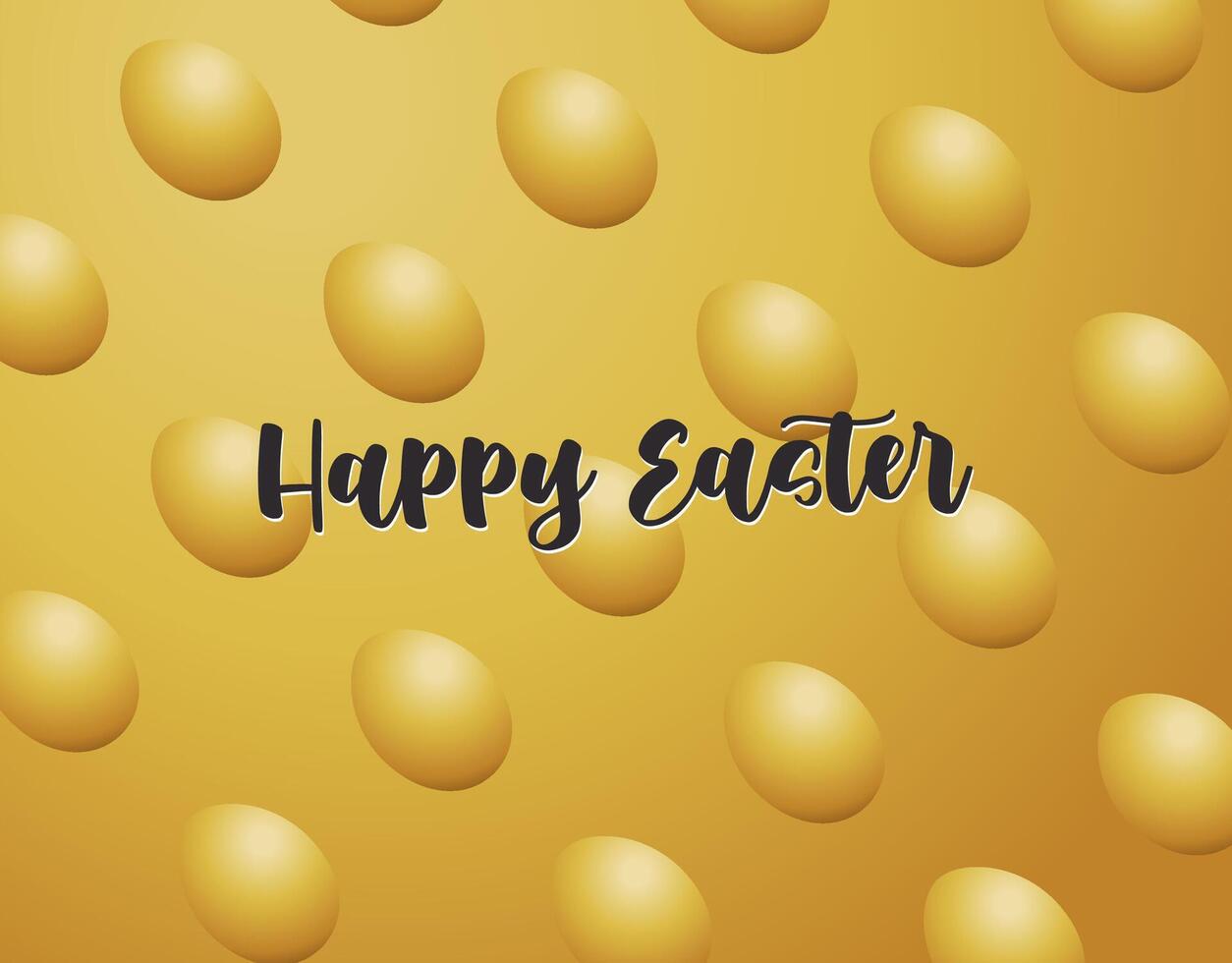 Golden eggs on a yellow background with the word happy easter vector