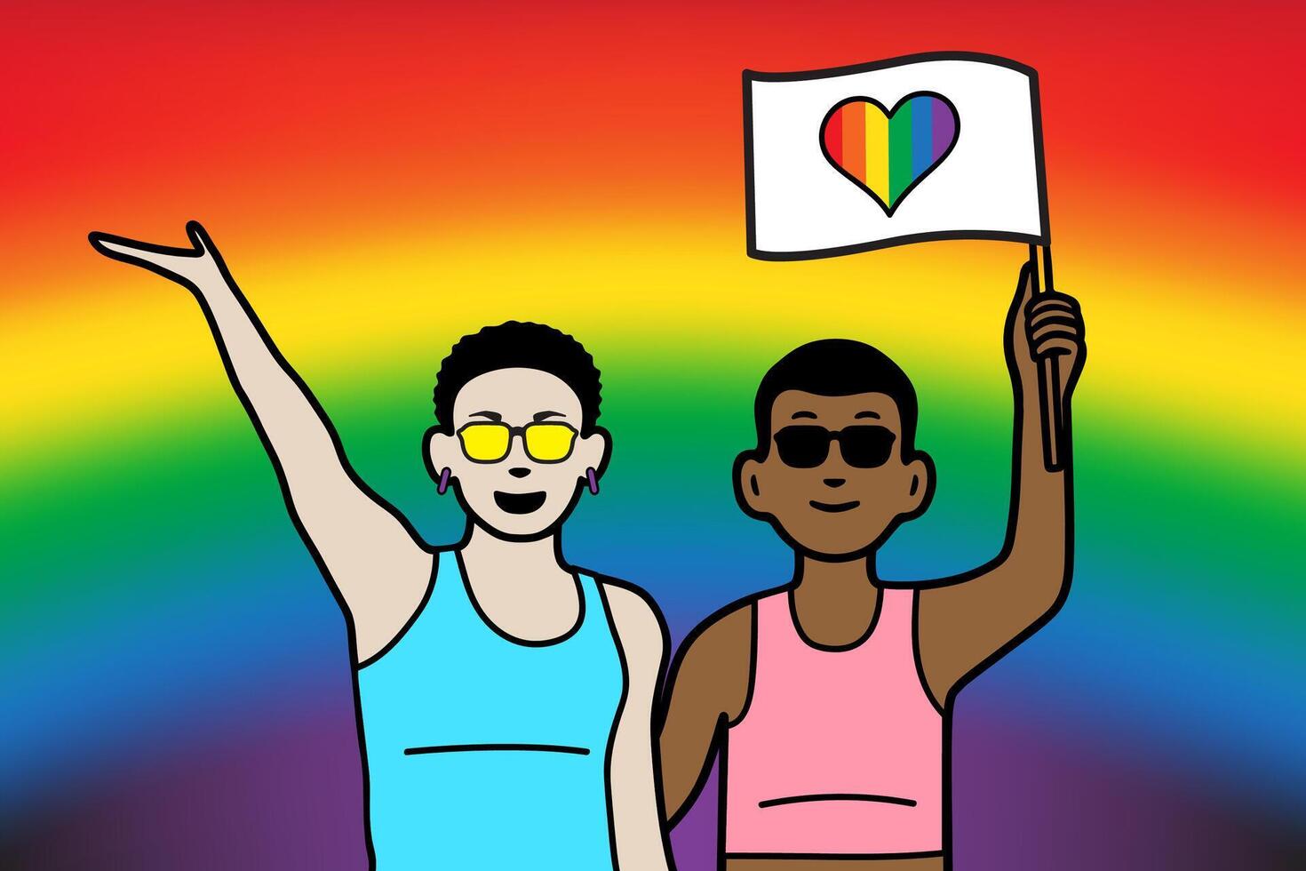 Two people holding a rainbow flag vector