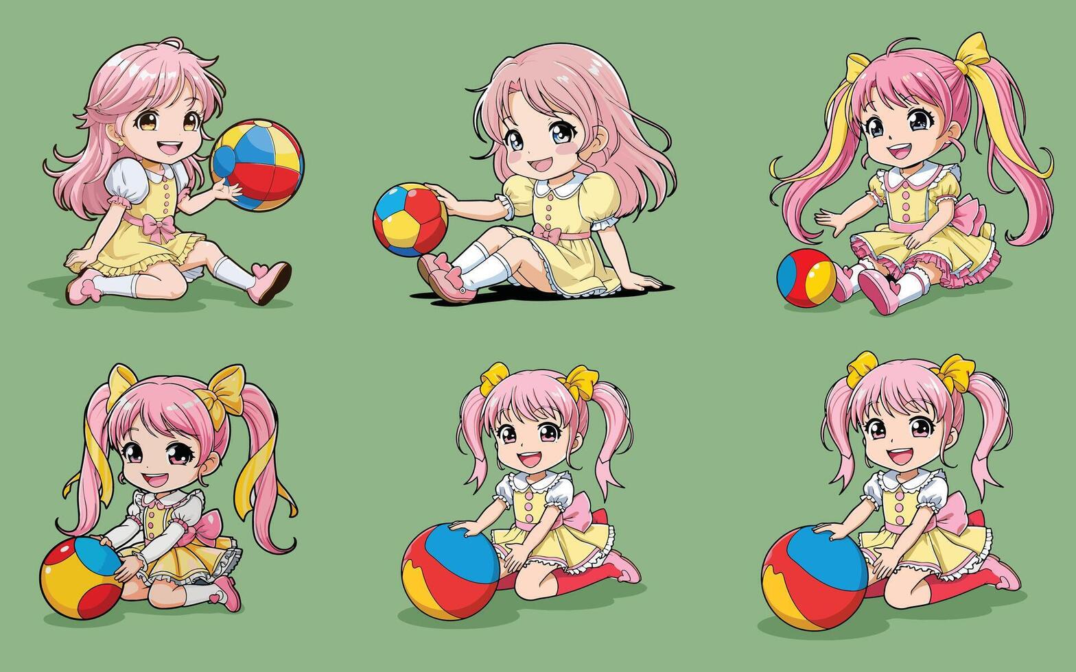 Pinky Cute Girl Chibi holding and playing a ball cartoon design vector