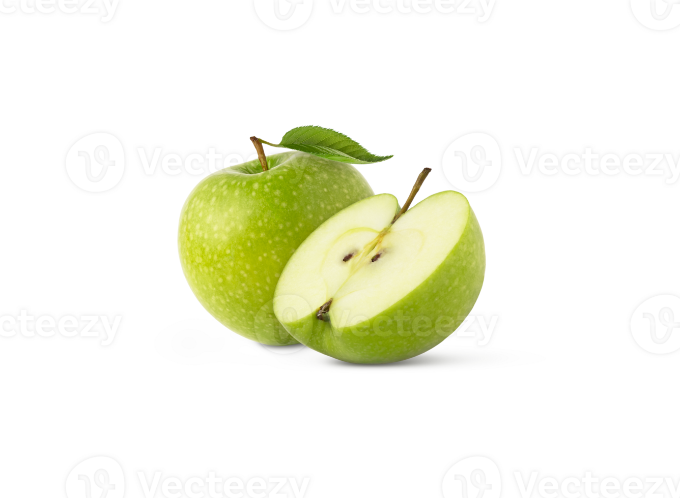Green fresh apple with leaf and half isolated with clipping path. png