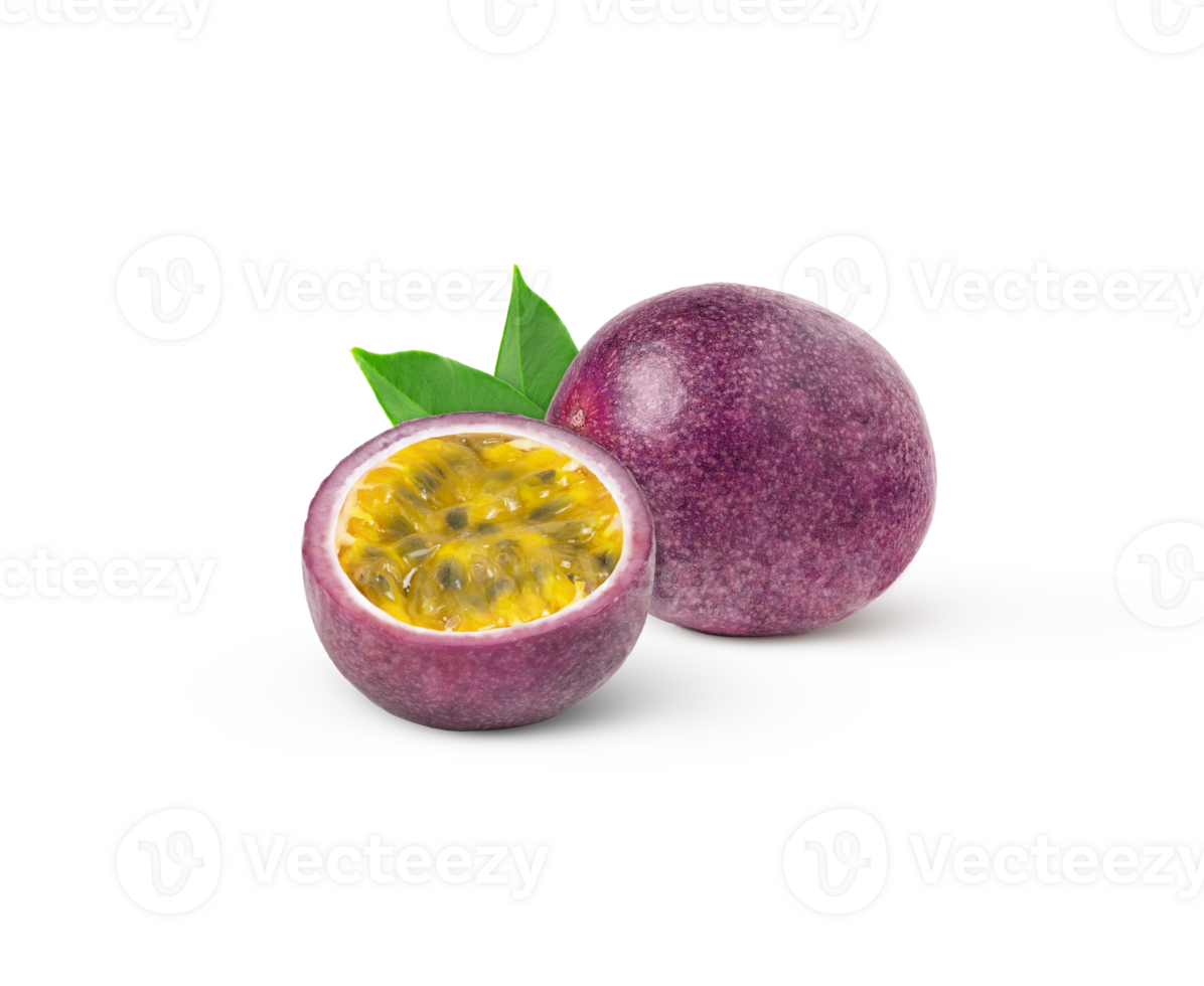 Purple passion fruit with cut in half and green leaf isolated. Maracuya isolated with leaves. png